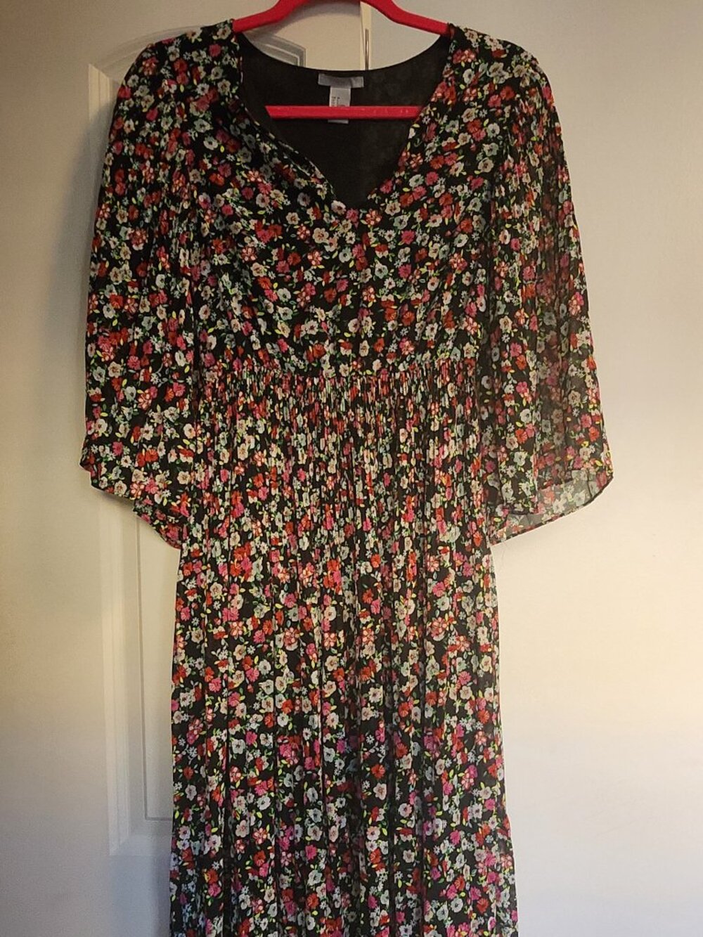 Floral Long Dress with Elastic Waist and Batwing Sleeves, Size 4,